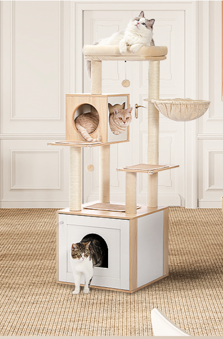 Modern Cat Tower with Storage Cabinet